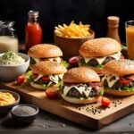 gourmet-cheeseburgers-with-bacon-french-fries-dipping-sauces-rustic-setting